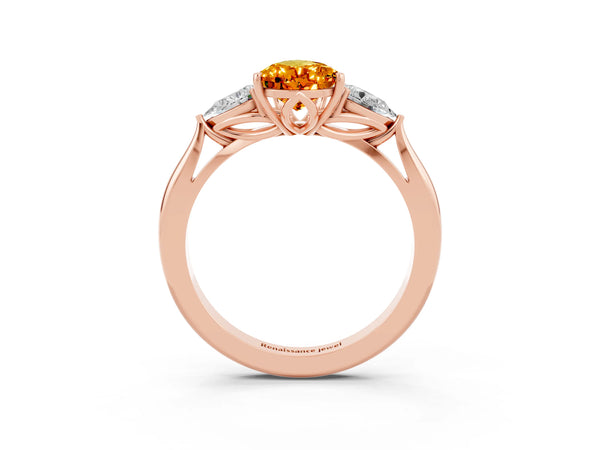 Rose gold Pear Cut Citrine Three-Stone Ring with Pear  Side Stones and Prong Setting