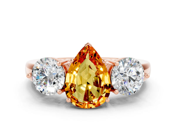 Rose gold Pear Cut Citrine Three-Stone Ring with Prong Setting and Classic Band