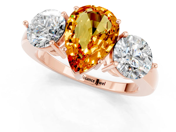 Rose gold Pear Cut Citrine Three-Stone Ring with Prong Setting and Classic Band