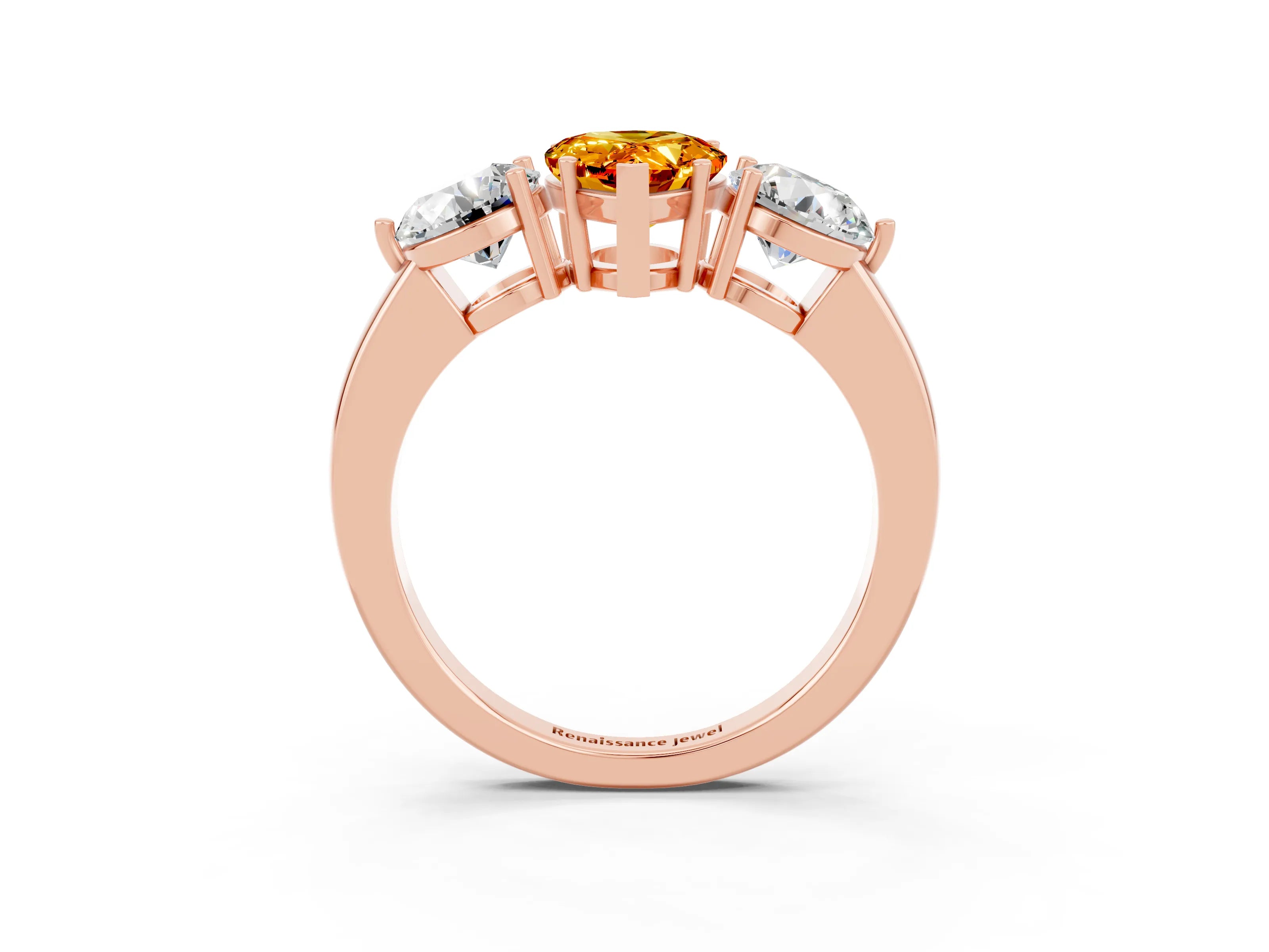 Rose gold Pear Cut Citrine Three-Stone Ring with Prong Setting and Classic Band_3