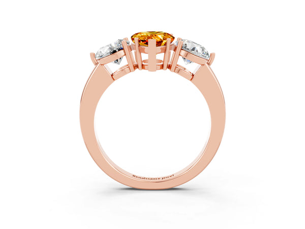 Rose gold Pear Cut Citrine Three-Stone Ring with Prong Setting and Classic Band