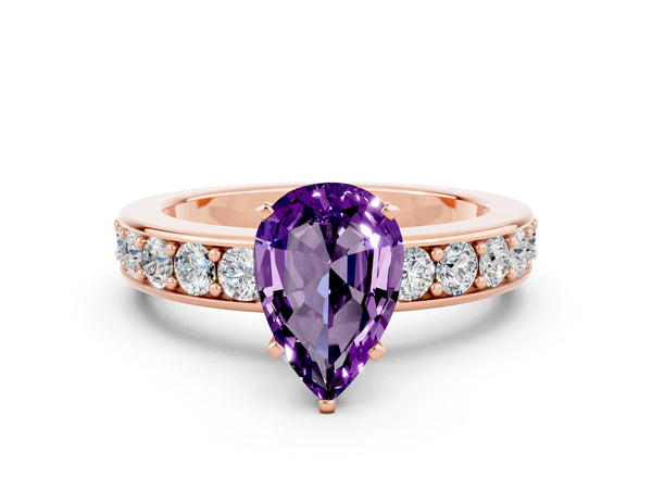 Rose gold Pear Cut Amethyst Engagement Ring with Channel Set Round  Band and Prong Setting