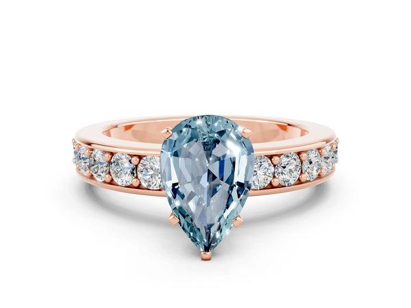 Rose gold Pear Cut Aquamarine Engagement Ring with Channel Set Round  Band and Prong Setting