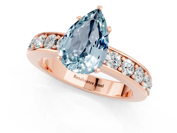 Rose gold Pear Cut Aquamarine Engagement Ring with Channel Set Round  Band and Prong Setting