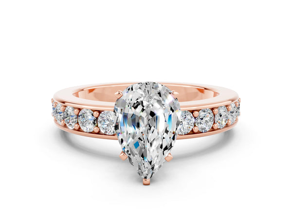 Rose gold Pear Cut Moissanite Engagement Ring with Channel Set Round  Band and Prong Setting