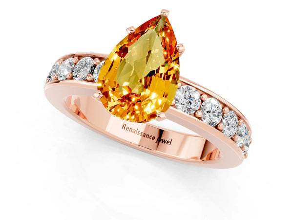 Rose gold Pear Cut Citrine Engagement Ring with Channel Set Round  Band and Prong Setting