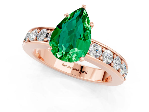Rose gold Pear Cut Emerald Engagement Ring with Channel Set Round  Band and Prong Setting