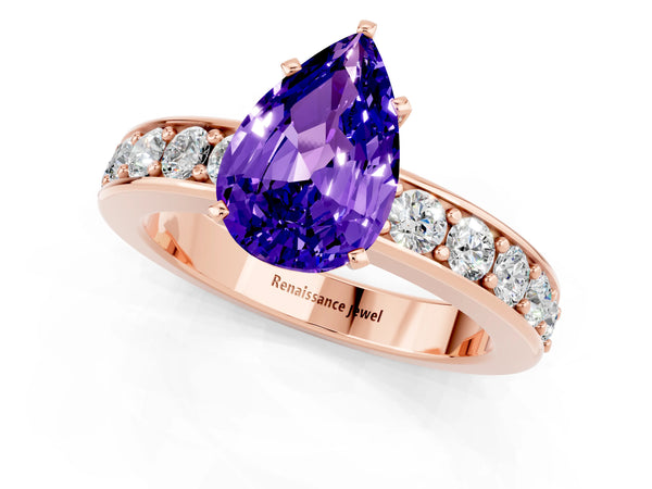Rose gold Pear Cut Tanzanite Engagement Ring with Channel Set Round  Band and Prong Setting