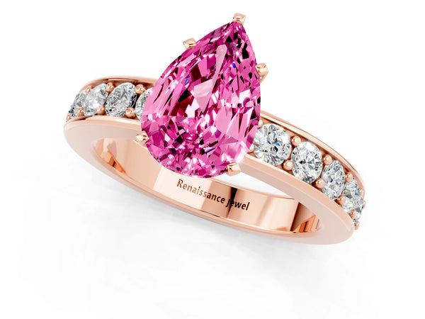 Rose gold Pear Cut Pink Sapphire Engagement Ring with Channel Set Round  Band and Prong Setting