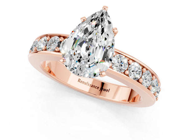 Rose gold Pear Cut Moissanite Engagement Ring with Channel Set Round  Band and Prong Setting