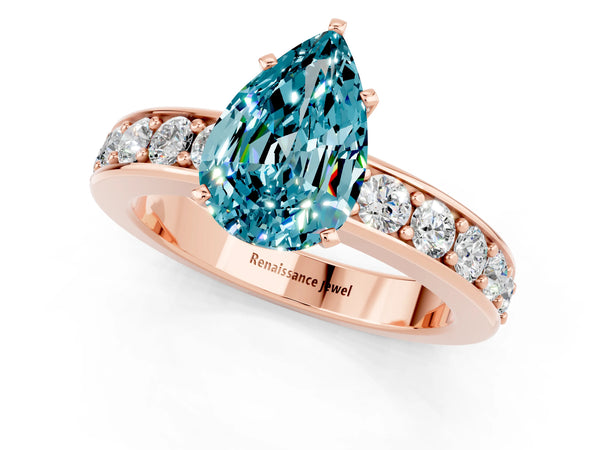 Rose gold Pear Cut Blue Topaz Engagement Ring with Channel Set Round  Band and Prong Setting