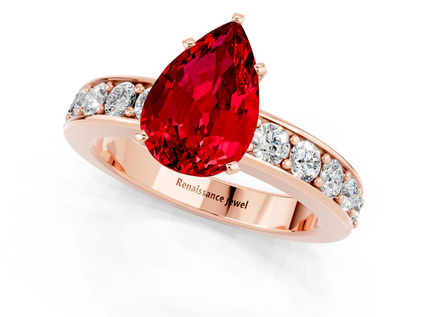 Rose gold Pear Cut Ruby Engagement Ring with Channel Set Round  Band and Prong Setting