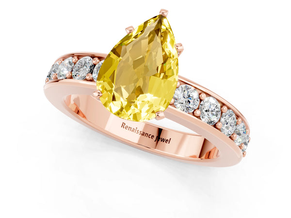Rose gold Pear Cut Yellow Sapphire Engagement Ring with Channel Set Round  Band and Prong Setting