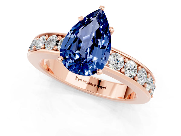 Rose gold Pear Cut Blue Sapphire Engagement Ring with Channel Set Round  Band and Prong Setting