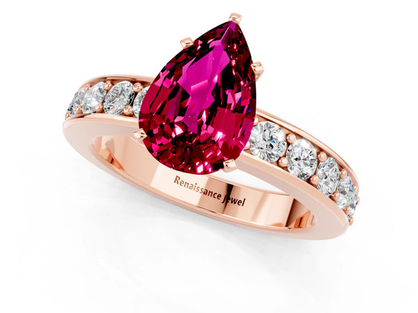 Rose gold Pear Cut Garnet Engagement Ring with Channel Set Round  Band and Prong Setting