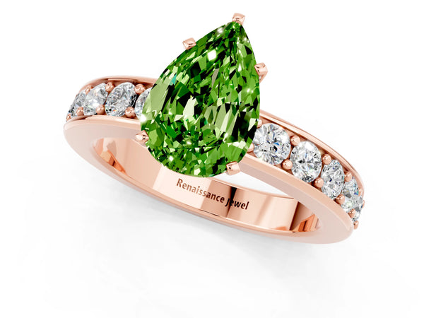Rose gold Pear Cut Peridot Engagement Ring with Channel Set Round  Band and Prong Setting