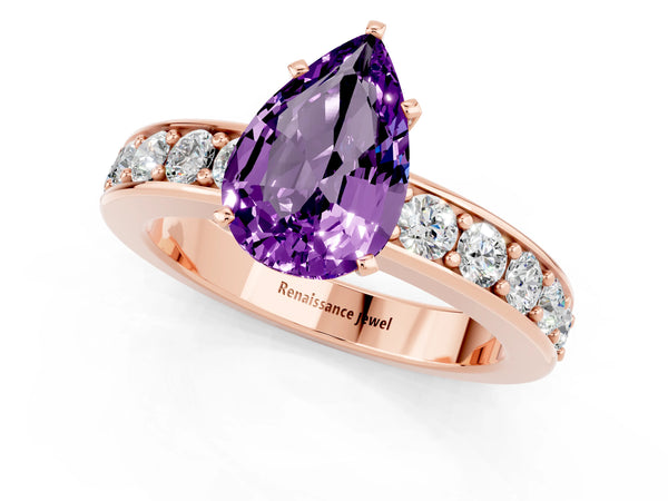 Rose gold Pear Cut Amethyst Engagement Ring with Channel Set Round  Band and Prong Setting