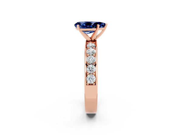 Rose gold Pear Cut Blue Sapphire Engagement Ring with Channel Set Round  Band and Prong Setting