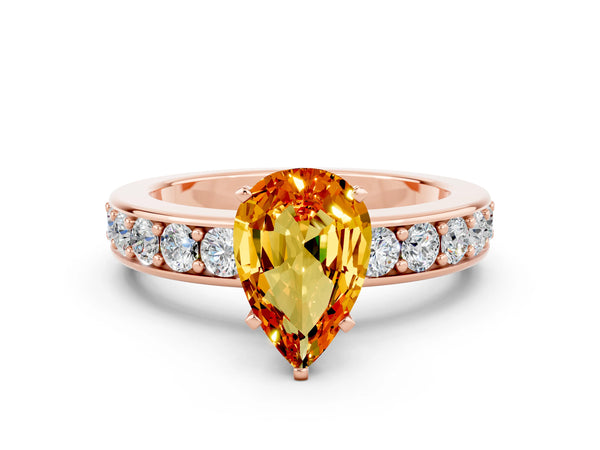 Rose gold Pear Cut Citrine Engagement Ring with Channel Set Round  Band and Prong Setting