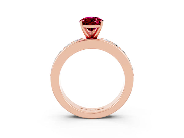Rose gold Pear Cut Garnet Engagement Ring with Channel Set Round  Band and Prong Setting
