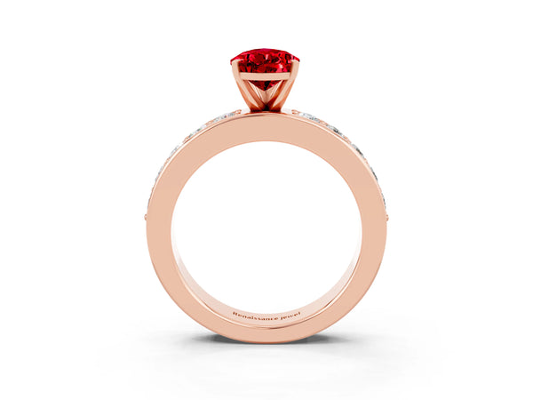 Rose gold Pear Cut Ruby Engagement Ring with Channel Set Round  Band and Prong Setting