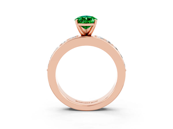 Rose gold Pear Cut Emerald Engagement Ring with Channel Set Round  Band and Prong Setting