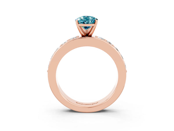 Rose gold Pear Cut Blue Topaz Engagement Ring with Channel Set Round  Band and Prong Setting