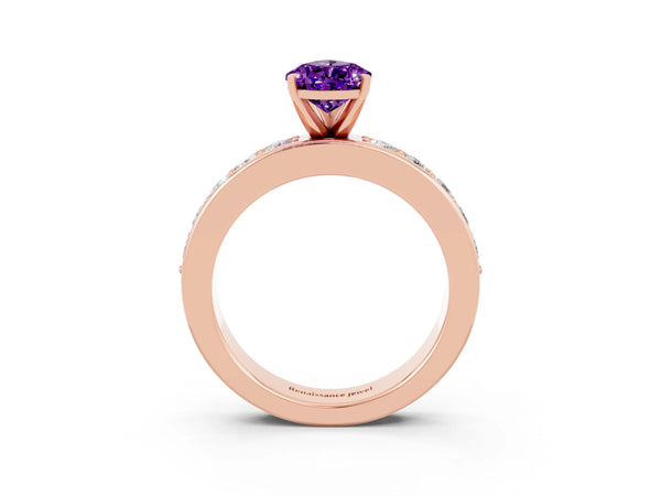 Rose gold Pear Cut Amethyst Engagement Ring with Channel Set Round  Band and Prong Setting