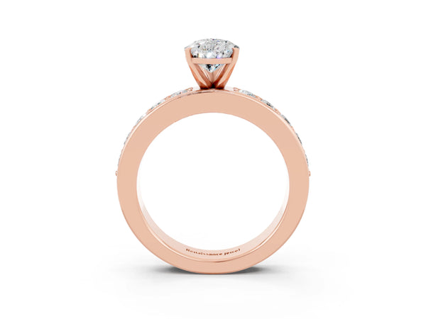Rose gold Pear Cut Moissanite Engagement Ring with Channel Set Round  Band and Prong Setting