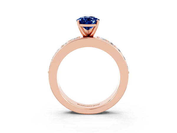 Rose gold Pear Cut Blue Sapphire Engagement Ring with Channel Set Round  Band and Prong Setting