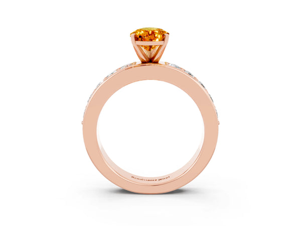 Rose gold Pear Cut Citrine Engagement Ring with Channel Set Round  Band and Prong Setting
