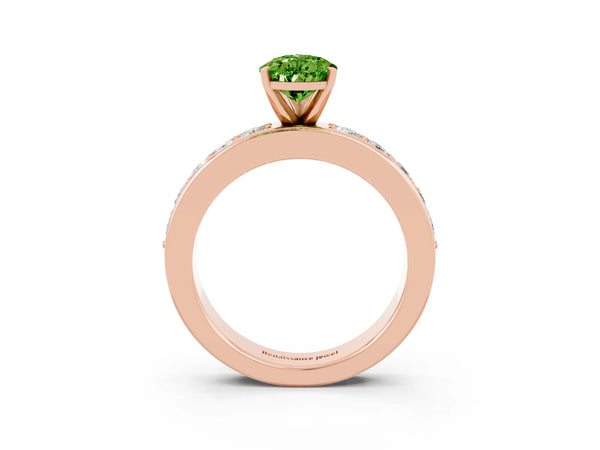 Rose gold Pear Cut Peridot Engagement Ring with Channel Set Round  Band and Prong Setting