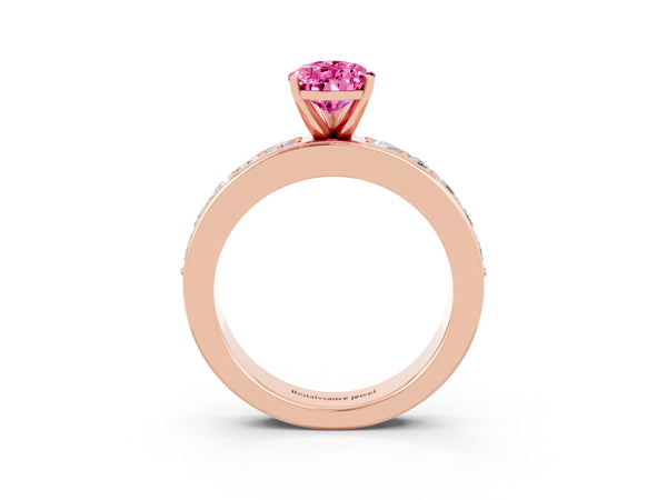 Rose gold Pear Cut Pink Sapphire Engagement Ring with Channel Set Round  Band and Prong Setting