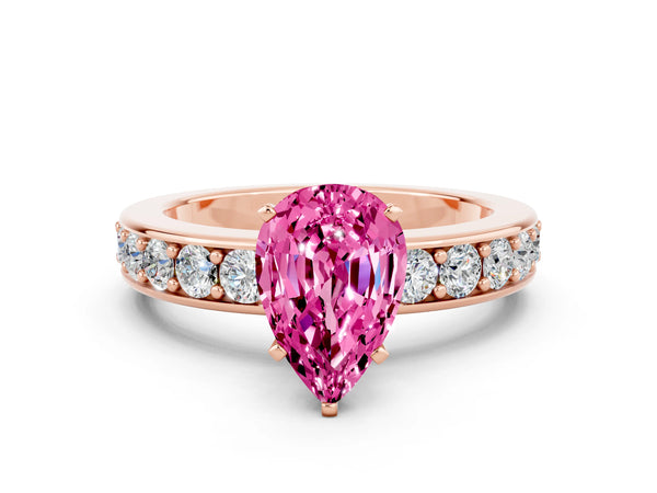 Rose gold Pear Cut Pink Sapphire Engagement Ring with Channel Set Round  Band and Prong Setting