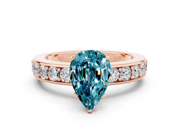 Rose gold Pear Cut Blue Topaz Engagement Ring with Channel Set Round  Band and Prong Setting