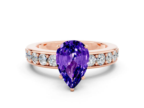 Rose gold Pear Cut Tanzanite Engagement Ring with Channel Set Round  Band and Prong Setting