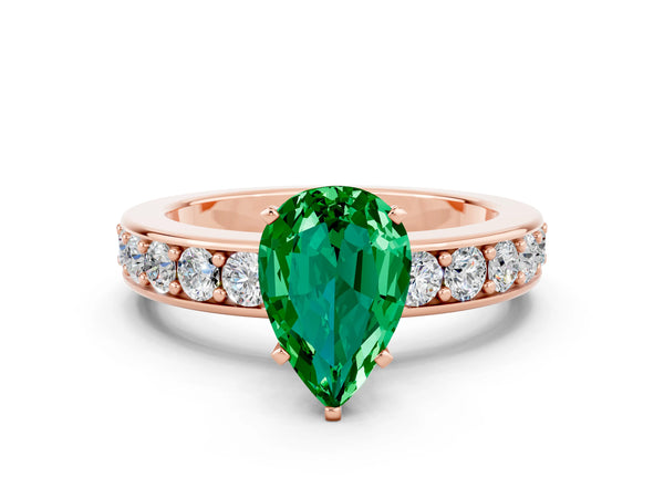 Rose gold Pear Cut Emerald Engagement Ring with Channel Set Round  Band and Prong Setting