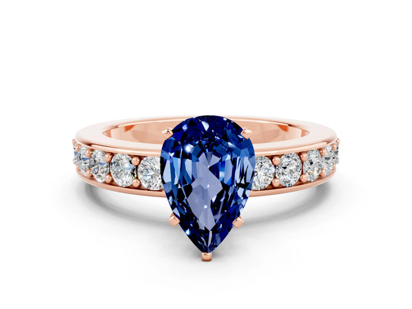 Rose gold Pear Cut Blue Sapphire Engagement Ring with Channel Set Round  Band and Prong Setting