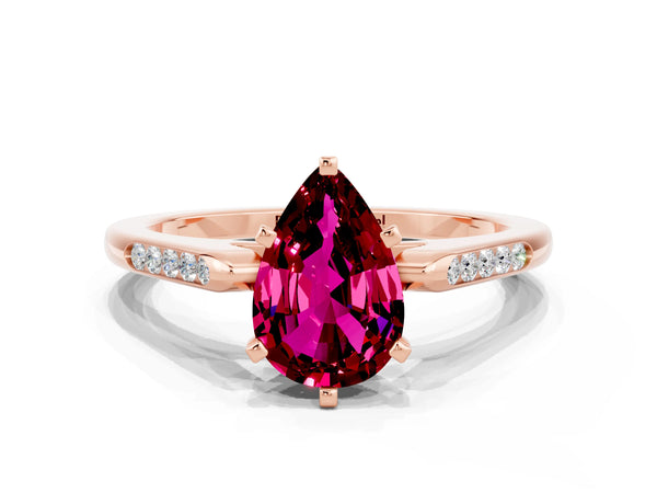 Rose gold Pear Cut Garnet Solitaire Ring with Channel Set Round Band and Prong Setting