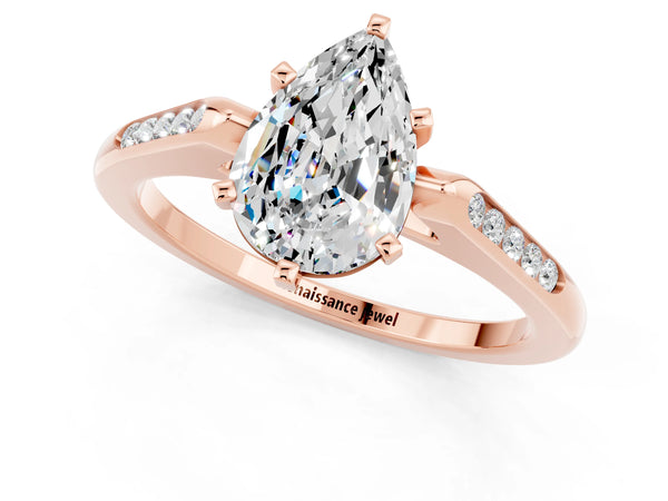 Rose gold Pear Cut Moissanite Solitaire Ring with Channel Set Round Band and Prong Setting