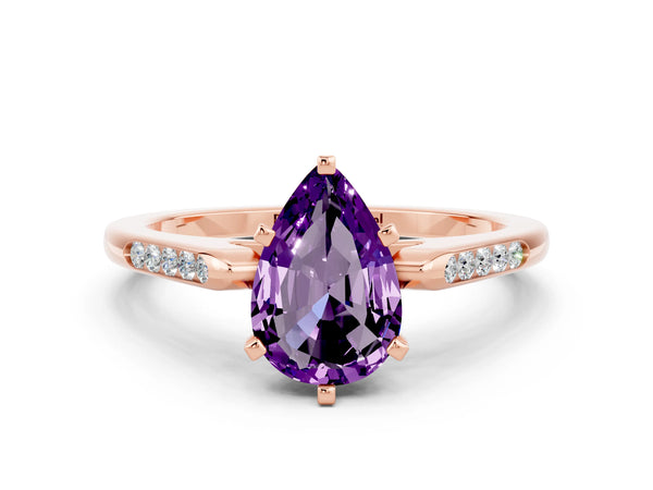Rose gold Pear Cut Amethyst Solitaire Ring with Channel Set Round Band and Prong Setting