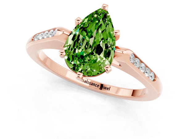 Rose gold Pear Cut Peridot Solitaire Ring with Channel Set Round Band and Prong Setting