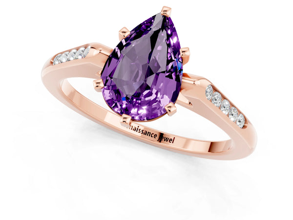 Rose gold Pear Cut Amethyst Solitaire Ring with Channel Set Round Band and Prong Setting