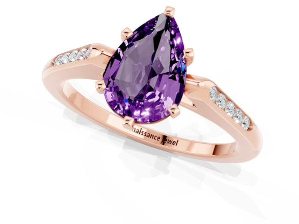 Rose gold Pear Cut Amethyst Solitaire Ring with Channel Set Round Band and Prong Setting