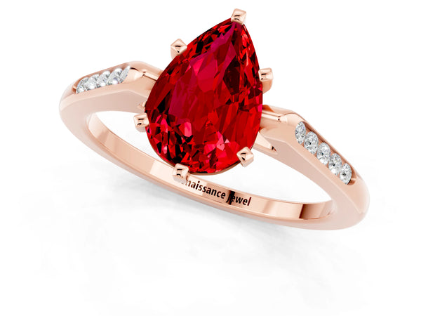 Rose gold Pear Cut Ruby Solitaire Ring with Channel Set Round Band and Prong Setting