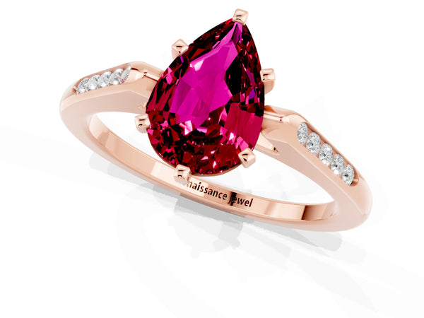 Rose gold Pear Cut Garnet Solitaire Ring with Channel Set Round Band and Prong Setting