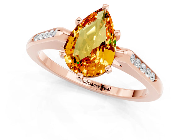 Rose gold Pear Cut Citrine Solitaire Ring with Channel Set Round Band and Prong Setting