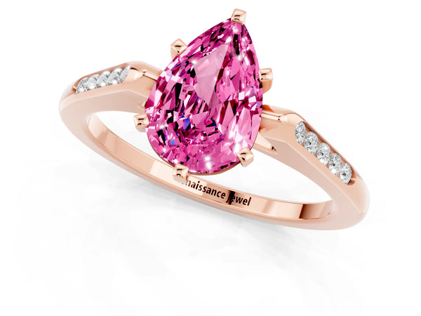 Rose gold Pear Cut Pink Sapphire Solitaire Ring with Channel Set Round Band and Prong Setting