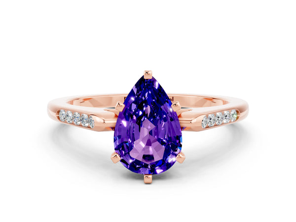 Rose gold Pear Cut Tanzanite Solitaire Ring with Channel Set Round Band and Prong Setting