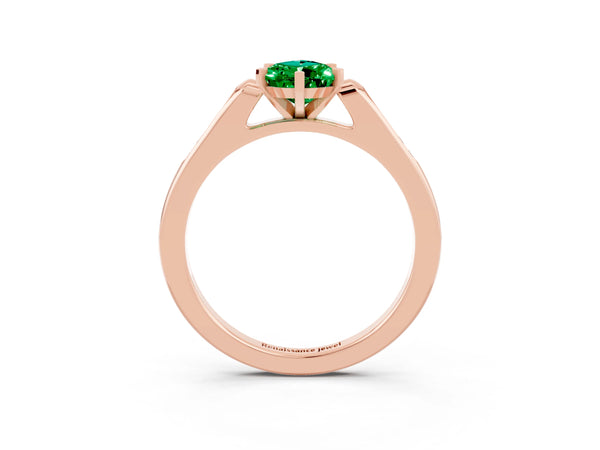 Rose gold Pear Cut Emerald Solitaire Ring with Channel Set Round Band and Prong Setting